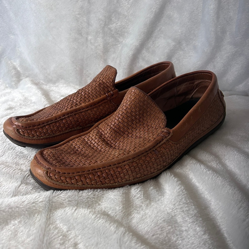 Tommy Bahama Naples Driver Shoes Mens 11 Brown Woven Leather Loafers Coastal